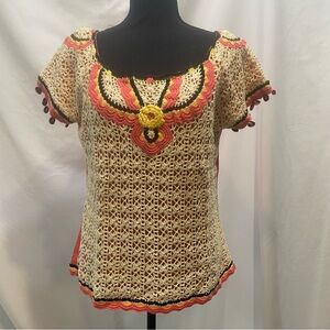 Gaby L Eden Crochet Top. Size XL. Coral cream yellow black. Bohemian. Pre-owned.